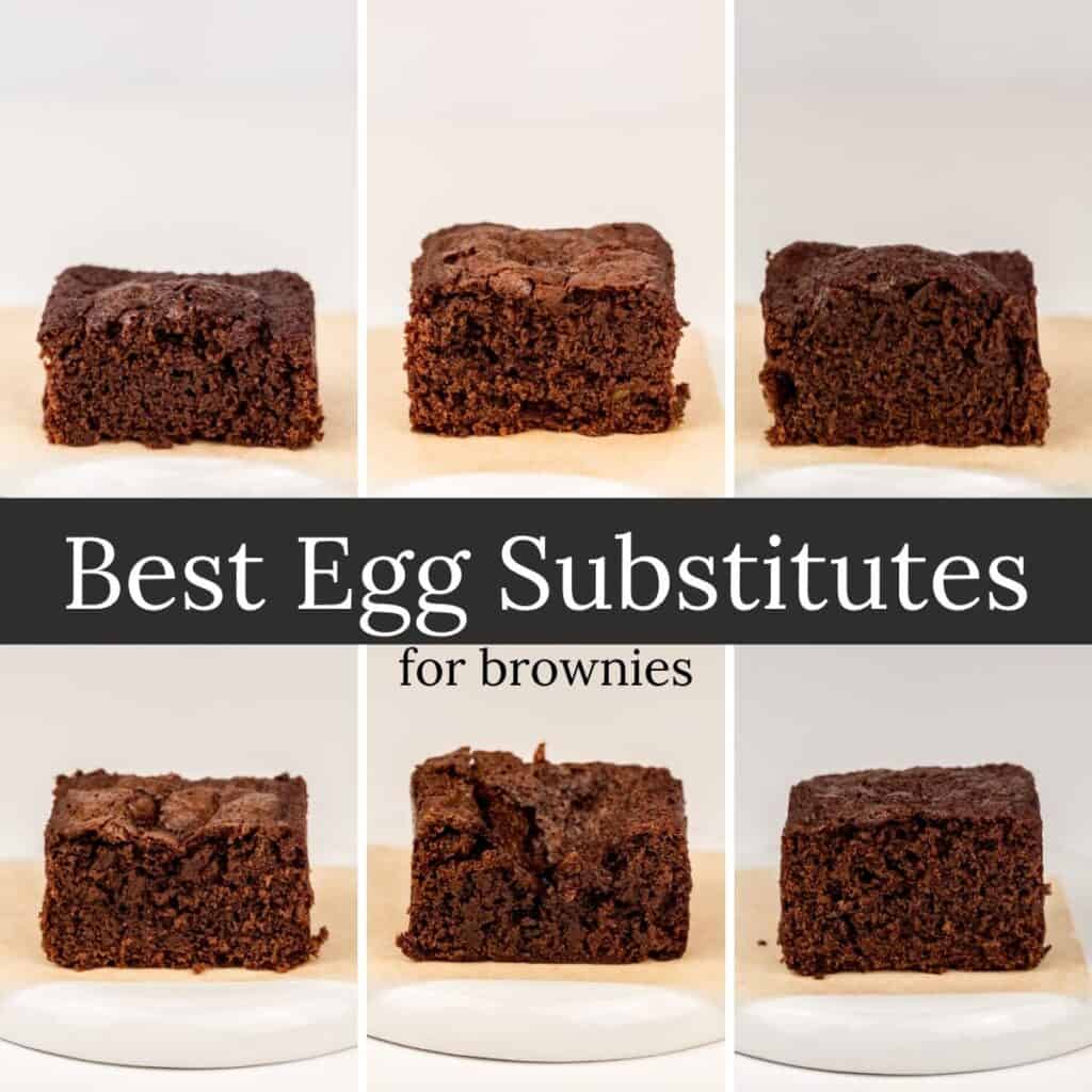 six brownies on a white plate with text that reads best egg substitutes for brownies